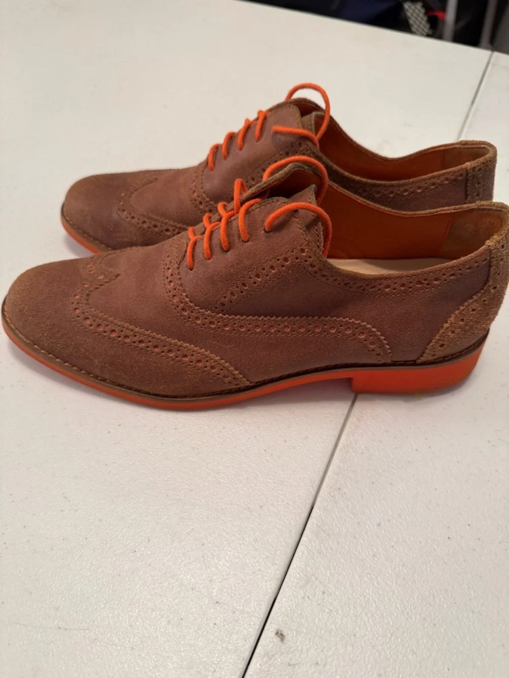 Cole Haan Brown Suede Wingtip Oxfords with Orange Laces